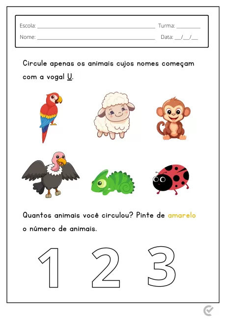 Atividade escolar com ilustrações de animais e instruções para circular os que começam com a vogal Y.