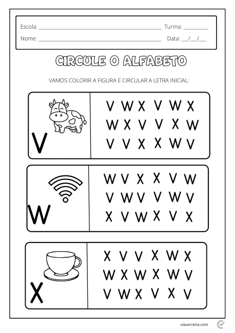 Atividade educacional para crianças com figuras e letras para circular.
