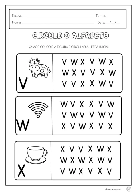 Atividade educacional para crianças com figuras e letras para circular.