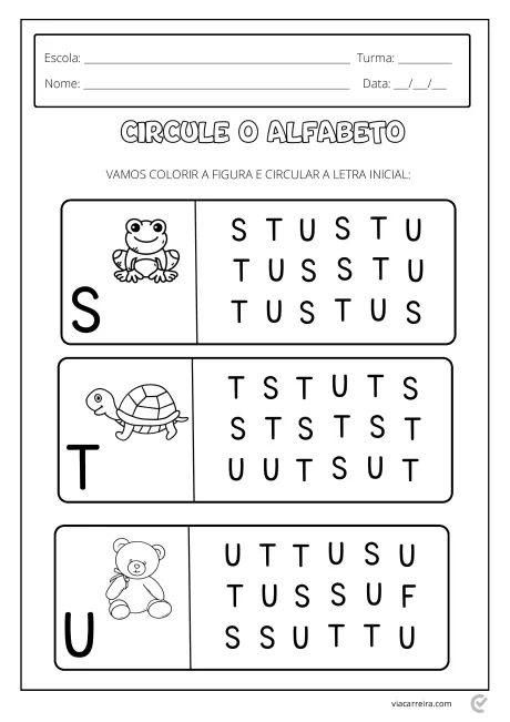 Atividade educacional para crianças com figuras de um sapo, uma tartaruga e um ursinho, onde devem circular a letra inicial.