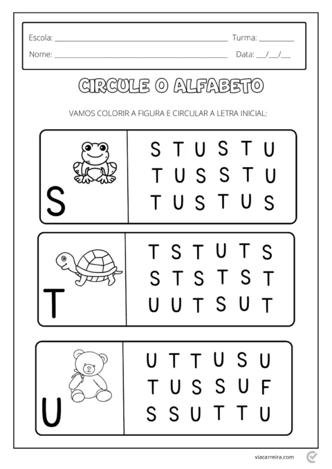 Atividade educacional para crianças com figuras de um sapo, uma tartaruga e um ursinho, onde devem circular a letra inicial.