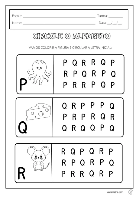 Atividade educacional com figuras de um polvo, queijo e um rato, onde os alunos devem circular a letra inicial correspondente.