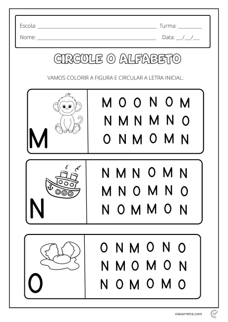 Atividade educacional para crianças com figuras e letras para circular.