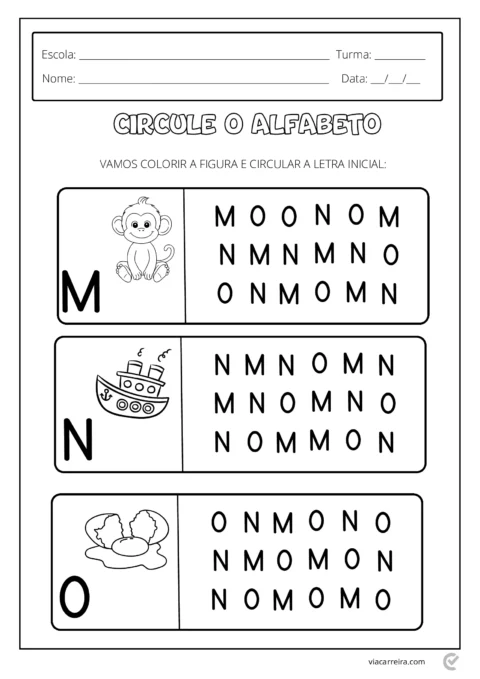 Atividade educacional para crianças com figuras e letras para circular.