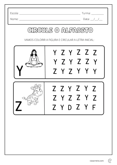 Atividade educacional para crianças com figuras e letras Y e Z para circular.