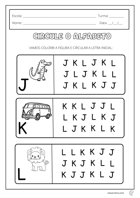 Atividade educacional para crianças com figuras e letras J, K e L para colorir e circular.