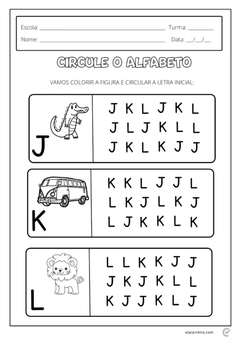 Atividade educacional para crianças com figuras e letras J, K e L para colorir e circular.