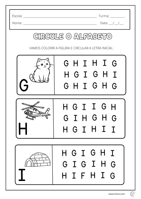 Atividade educacional com figuras de um gato, um helicóptero e um iglu, onde os alunos devem circular a letra inicial correspondente.