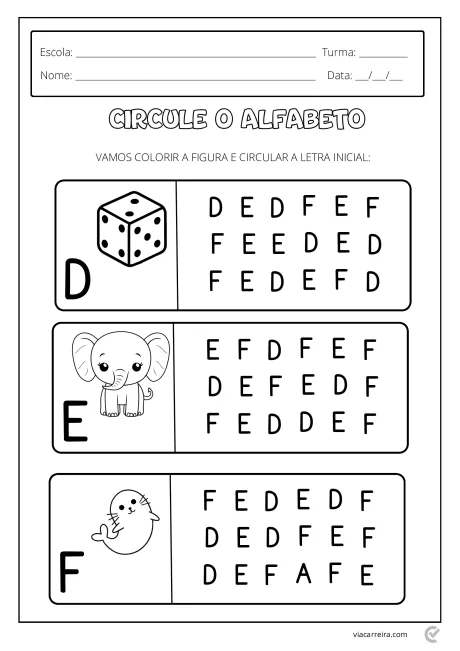 Atividade educacional para crianças com letras do alfabeto e figuras para colorir.