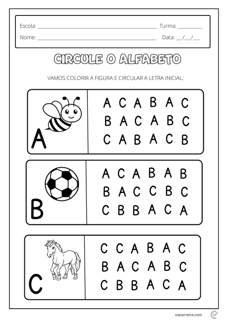 Atividade educacional para crianças com figuras e letras do alfabeto.