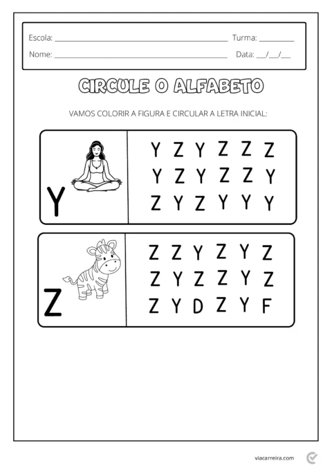 Atividade educacional para crianças com figuras e letras Y e Z para circular.