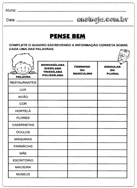 Atividade escolar para completar informações sobre palavras.