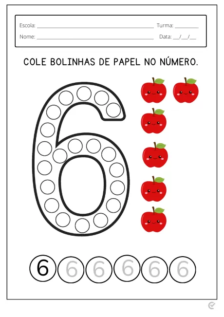 Atividade educativa com o número 6 e maçãs para colar.