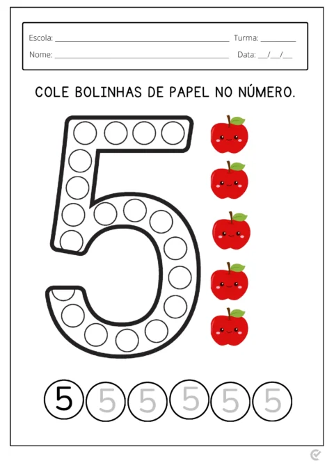 Atividade educativa com o número 5 e maçãs para colagem.