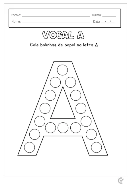 Página de atividade educacional com a letra A para colagem de bolinhas de papel.