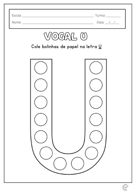 Atividade educacional para colar bolinhas de papel na letra U