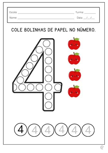 Atividade educativa com o número 4 e maçãs para colagem.