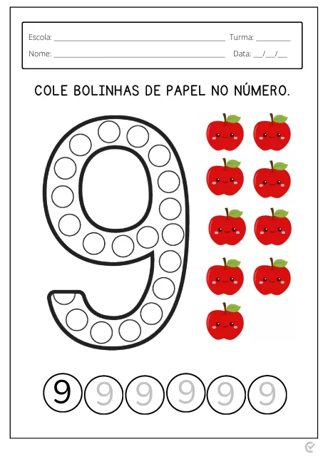 Atividade educativa com o número 9 e maçãs para colagem.