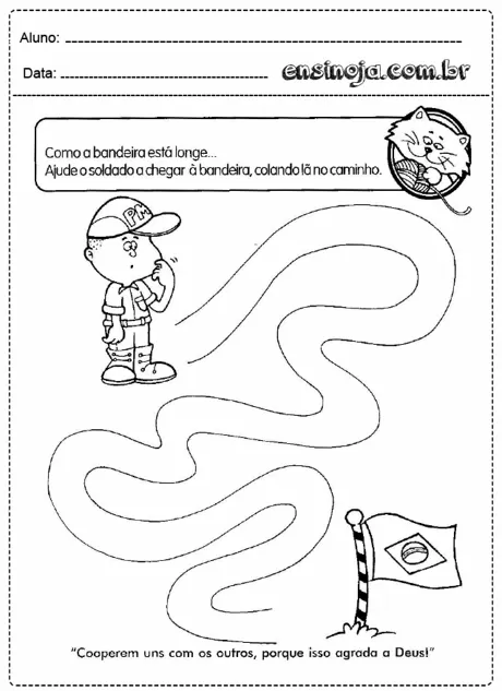 Atividade de colagem com um soldado e uma bandeira.