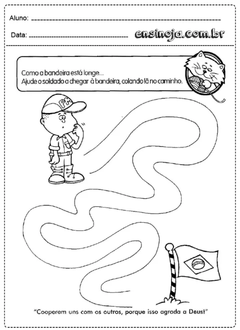 Atividade de colagem com um soldado e uma bandeira.