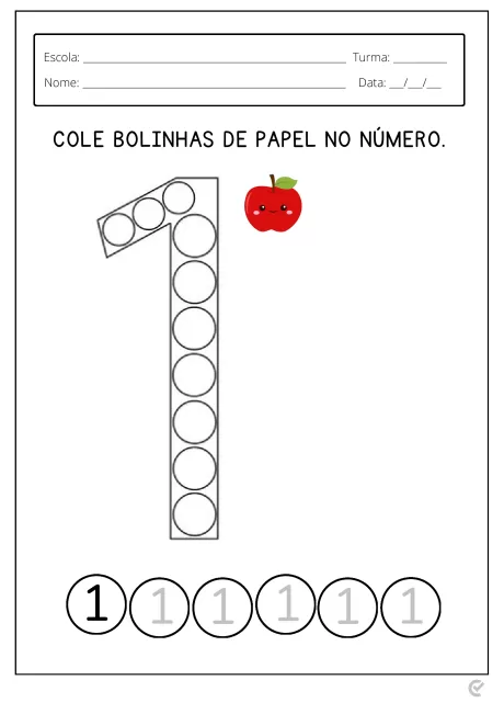Atividade educativa para colar bolinhas de papel no número 1.