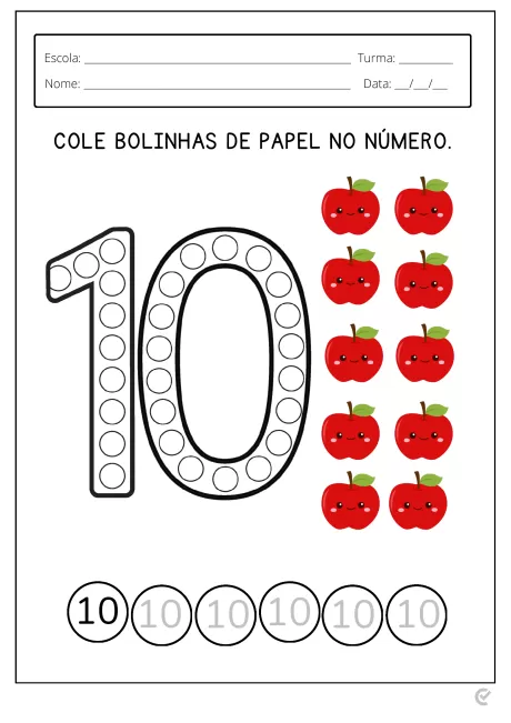 Atividade educativa com o número 10 e maçãs para colar.
