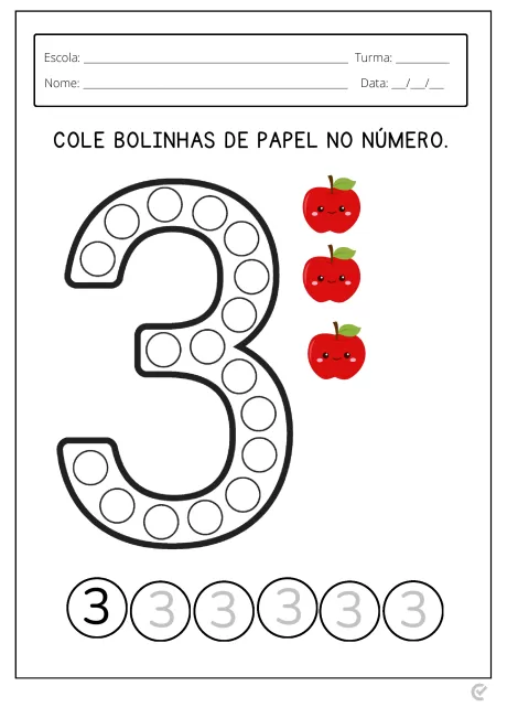 Atividade educativa com o número 3 e maçãs para colagem.