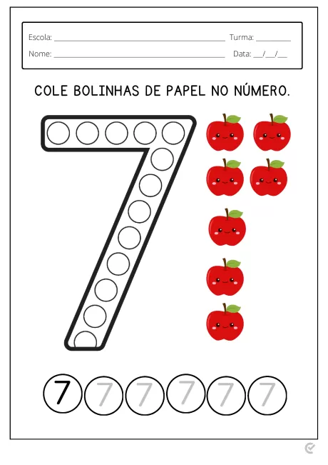 Atividade educativa com o número 7 e maçãs vermelhas para colagem.