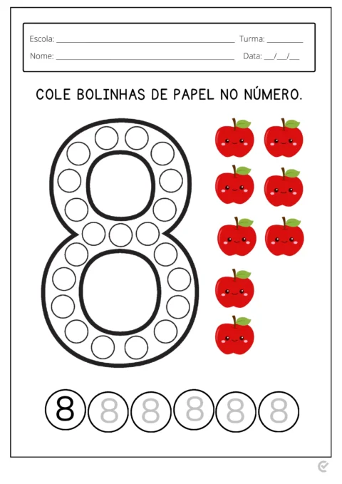Atividade educativa com o número 8 e maçãs para colar.