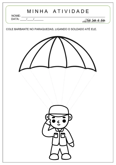Desenho de um soldado com um paraquedas, com instruções para colar barbante.