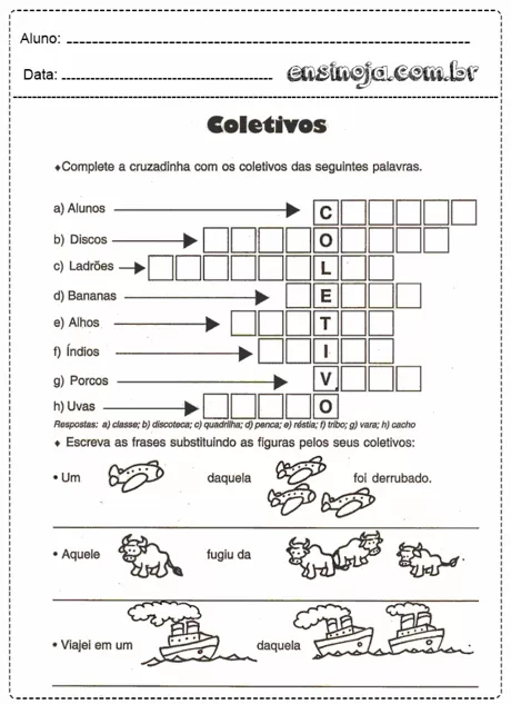 Atividade de cruzadinha sobre coletivos para alunos do ensino fundamental.