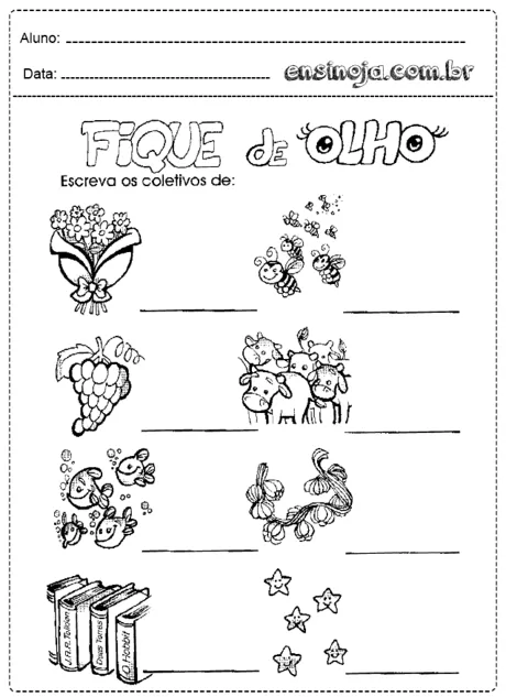 Atividade de escrita sobre coletivos com ilustrações de flores, abelhas, uvas, vacas, peixes, livros e estrelas.