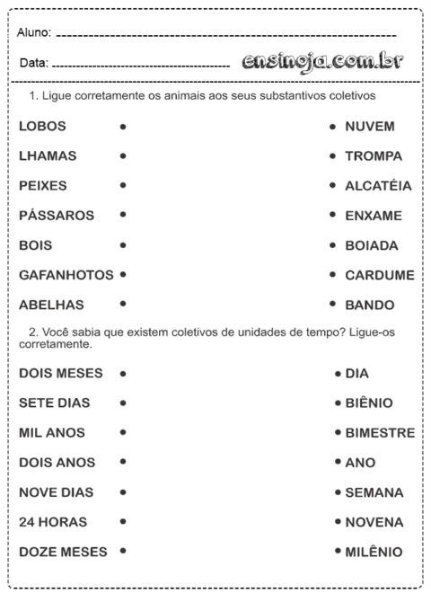 Atividade de ligar animais aos seus substantivos coletivos e coletivos de unidades de tempo.