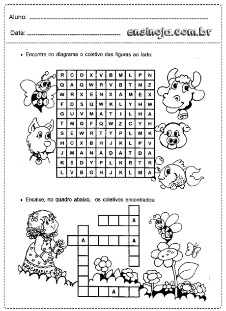 Atividade de encontrar coletivos com figuras de animais e uma criança.