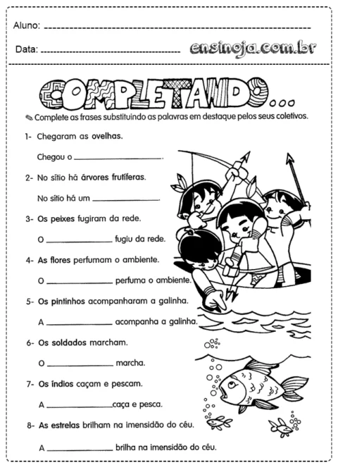 Atividade de completar frases com palavras em destaque pelos seus coletivos.