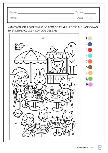 Desenho para colorir com crianças, animais e uma mesa de piquenique.