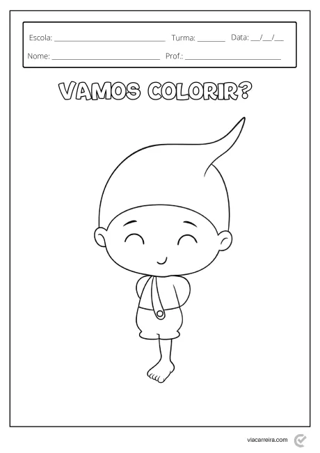 Desenho de um personagem infantil sorridente pronto para ser colorido.