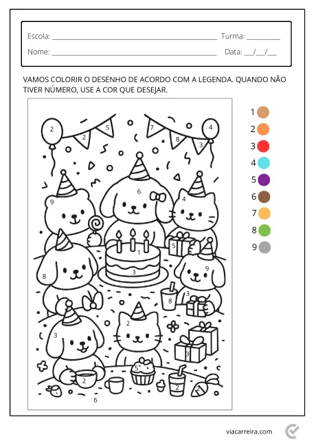 Desenho para colorir com animais fofos e um bolo de aniversário.