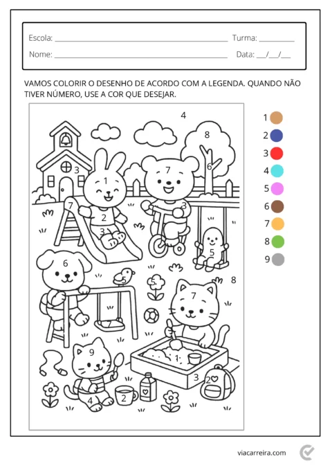 Desenho para colorir com animais em um parque, incluindo um coelho, um gato e um cachorro brincando.