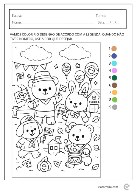 Desenho para colorir com animais e bandeiras do Brasil, incluindo um urso, um coelho e um cachorro.
