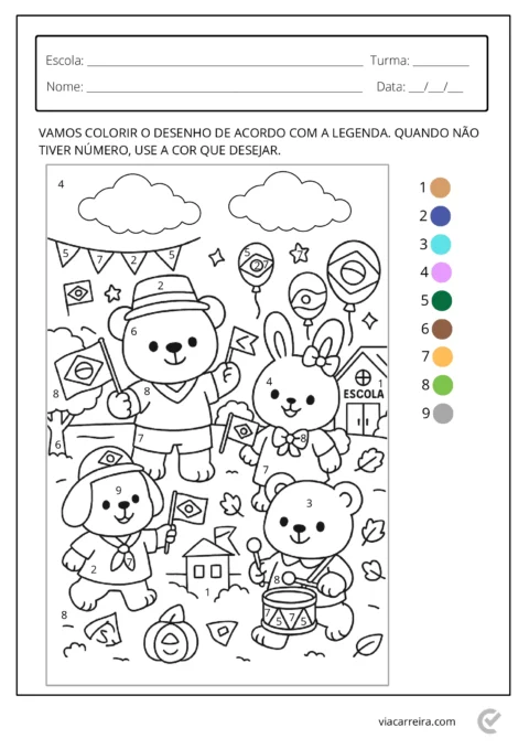 Desenho para colorir com animais e bandeiras do Brasil, incluindo um urso, um coelho e um cachorro.