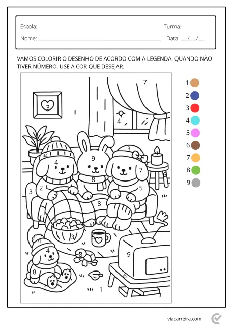 Desenho para colorir com três animais usando roupas de inverno em uma sala aconchegante.