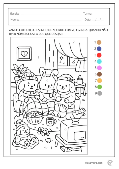 Desenho para colorir com três animais usando roupas de inverno em uma sala aconchegante.