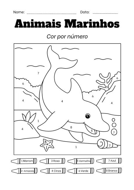 Desenho de um golfinho em um ambiente marinho para colorir, com números indicando as cores.