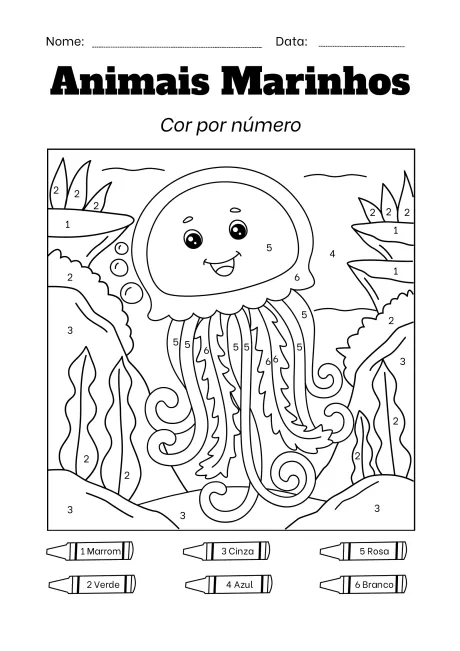 Desenho de uma água-viva em um ambiente marinho para colorir, com números indicando as cores.