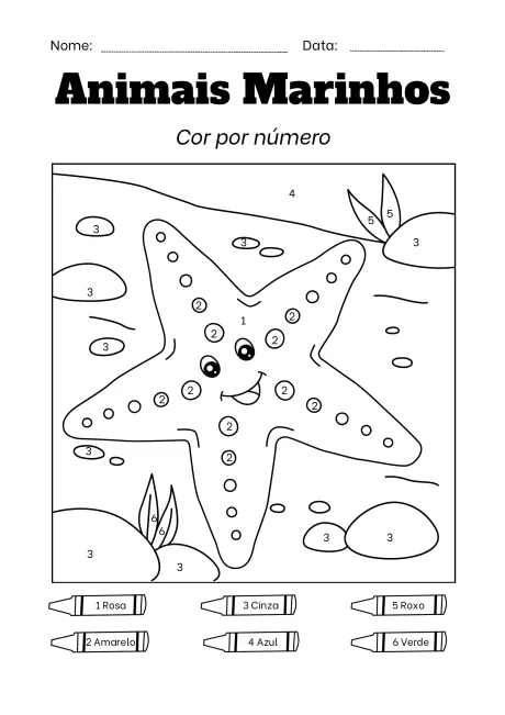 Desenho de uma estrela do mar para colorir, com números indicando as cores.