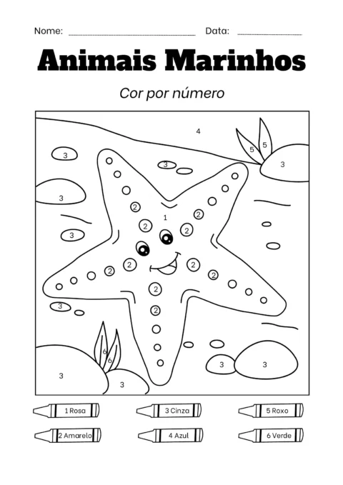 Desenho de uma estrela do mar para colorir, com números indicando as cores.