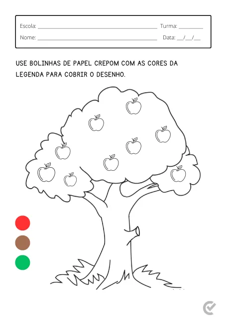 Desenho de uma árvore com maçãs, onde as crianças devem usar bolinhas de papel crepom para colorir.
