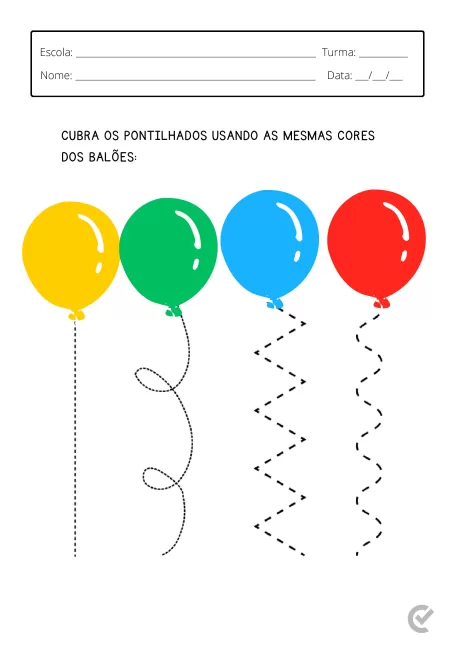 Imagem de uma atividade educacional com balões coloridos e linhas pontilhadas para serem preenchidas.