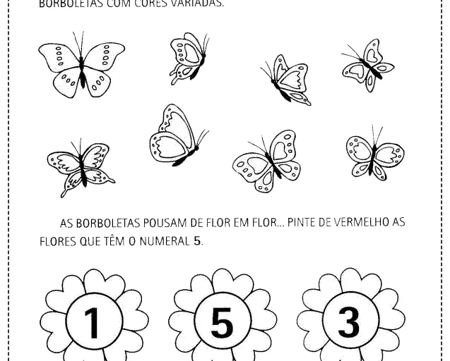 Atividade de colorir borboletas e flores com números.